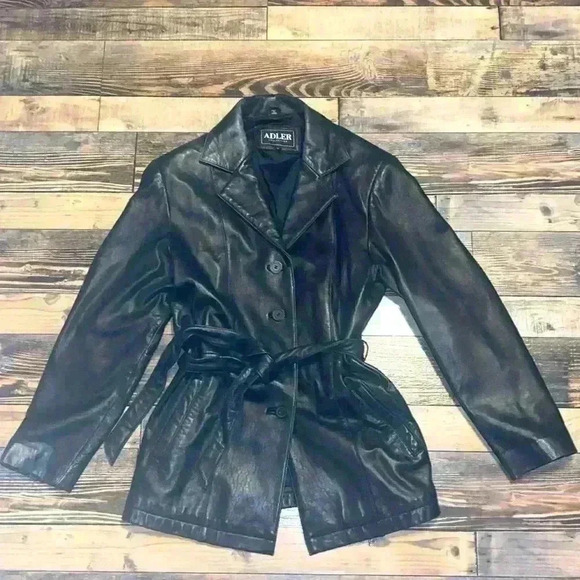 Adler Collection Genuine Leather Coat with belt Lamb Skin inside size Large - Picture 1 of 7